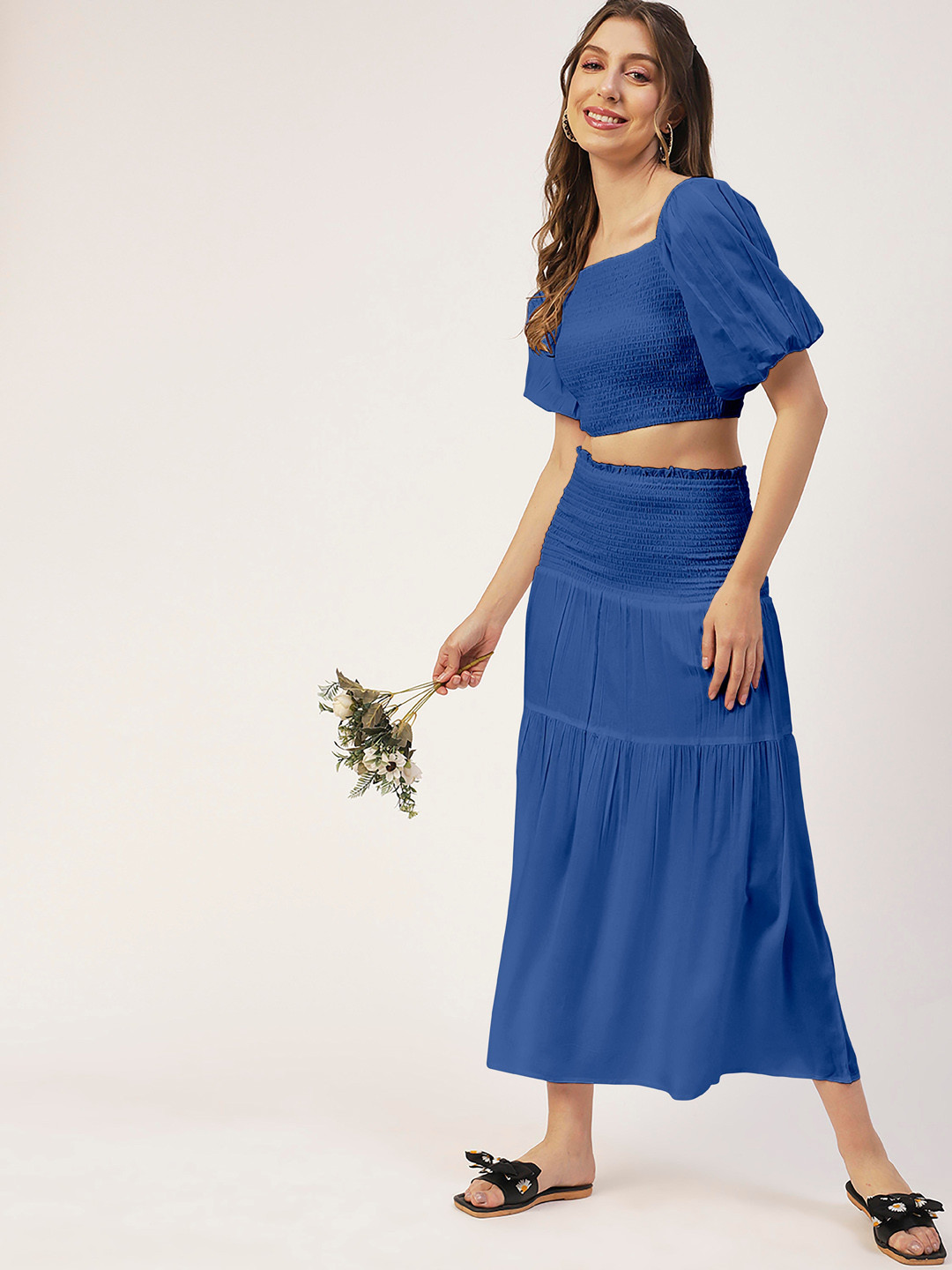 Moomaya High Waist Smocked Tiered Midi Skirt
