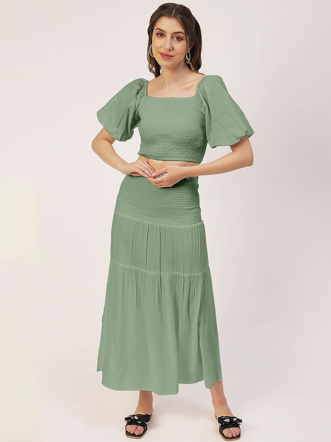 Moomaya High Waist Smocked Tiered Midi Skirt