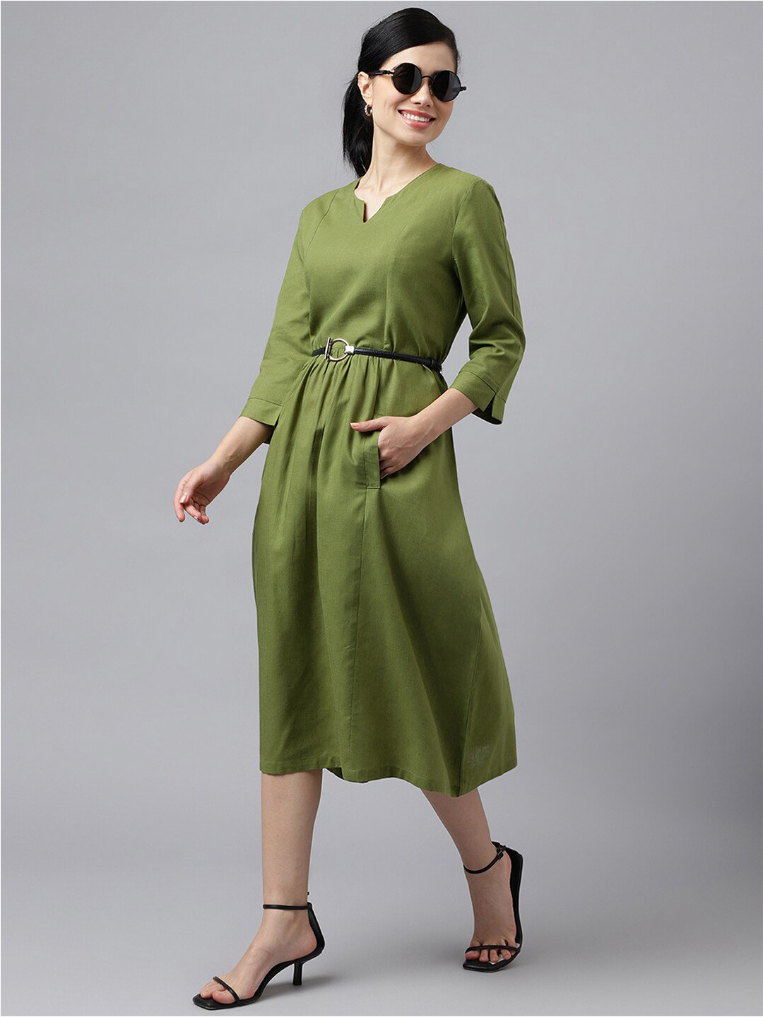 Hancock Round Neck Gathered And Pleated Belted Cotton A- Line Dress