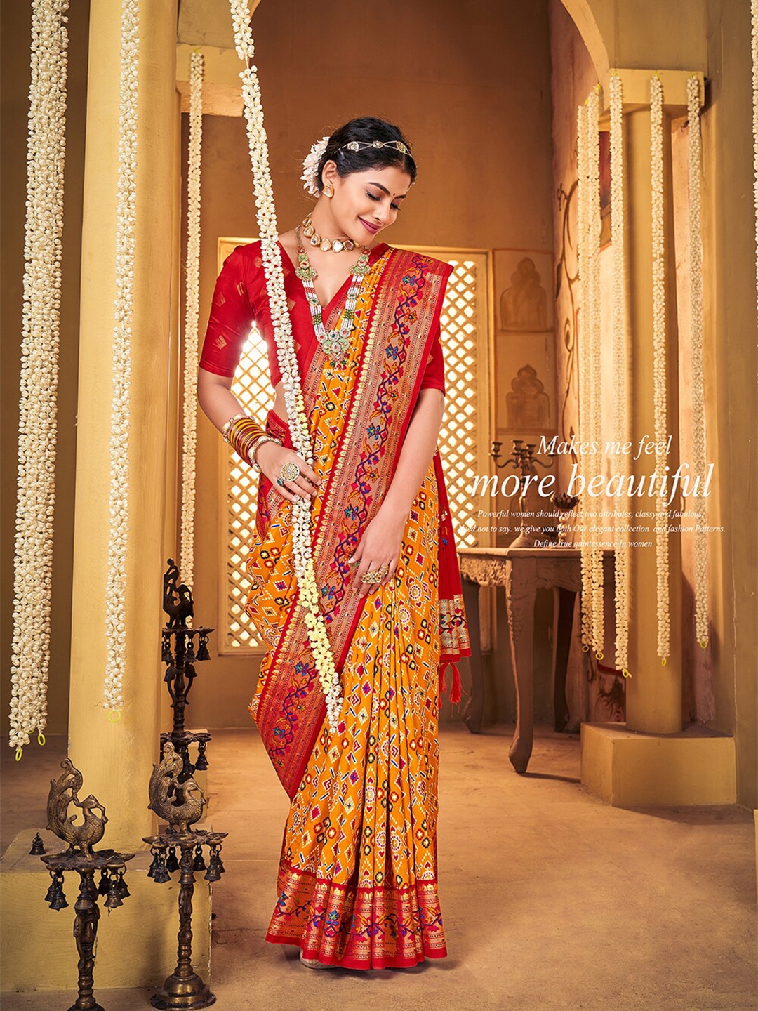 Buy Mitera Yellow Red Geometric Printed Zari Silk Cotton Mysore Silk Saree Sarees for Women 23978572 Myntra