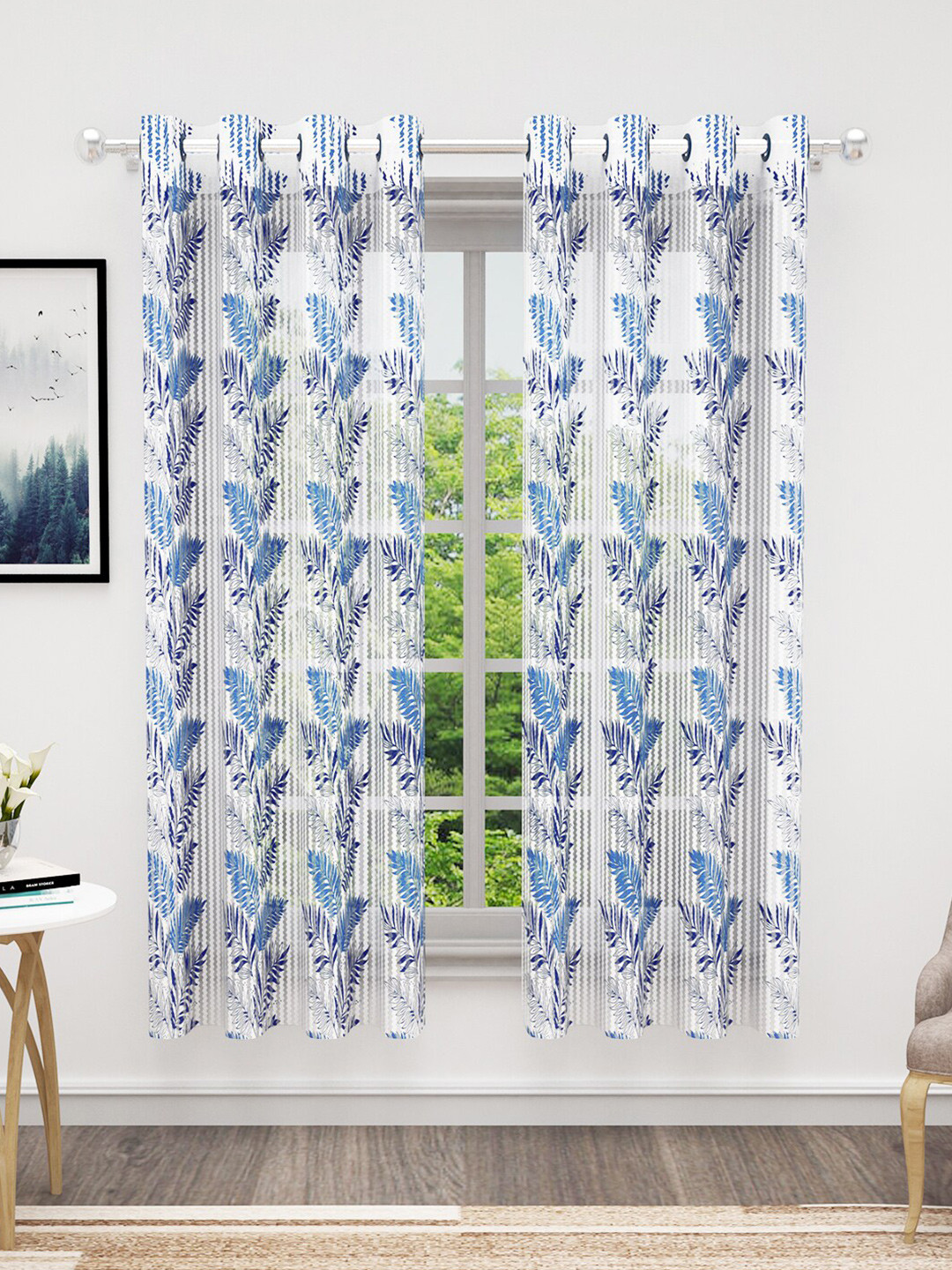 Bedspun Cosmo Blue & White 2 Pieces Floral Sheer Window Curtains