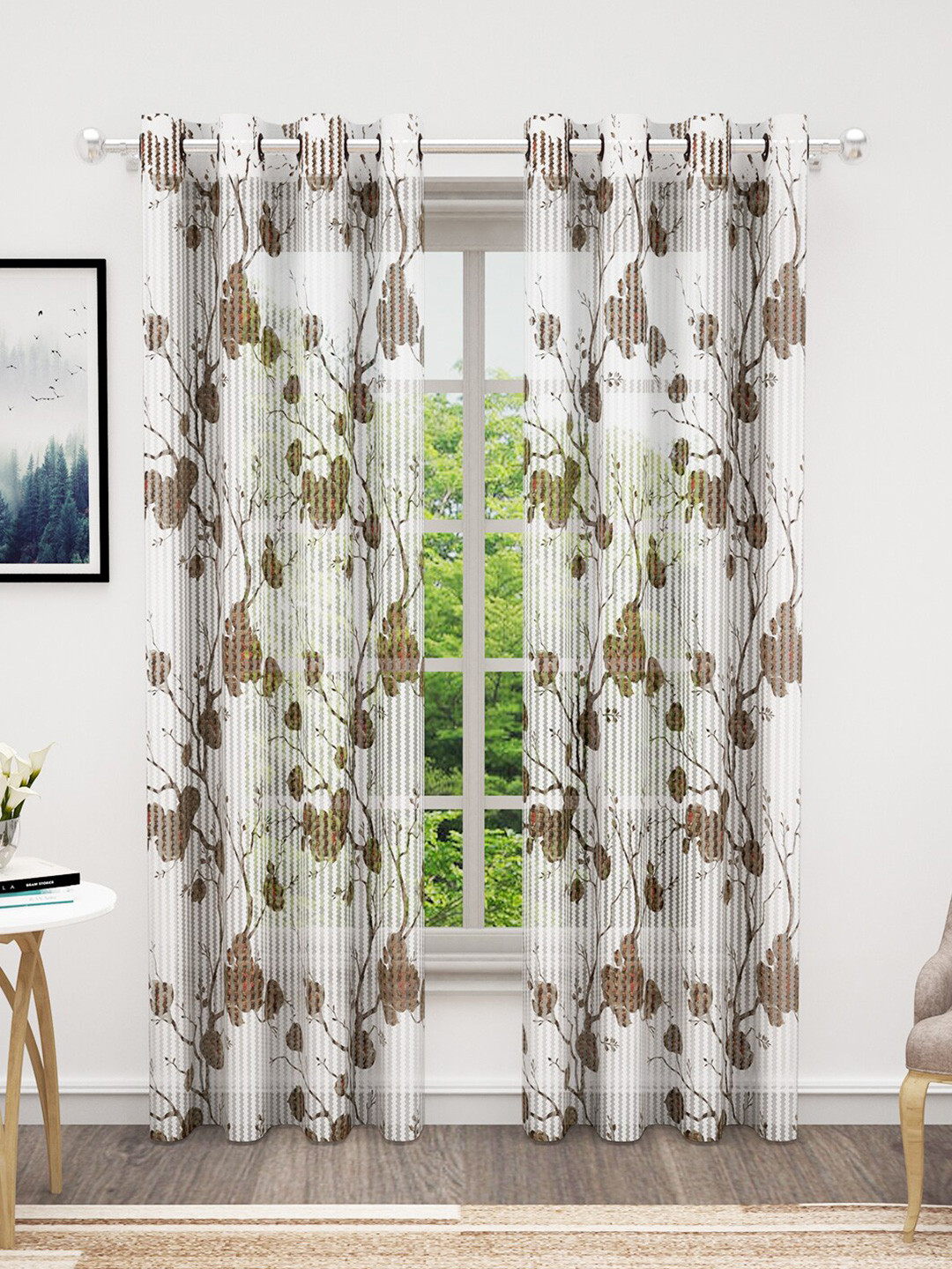 Bedspun Cosmo White & Brown 2 Pieces Floral Printed Sheer Door Curtains
