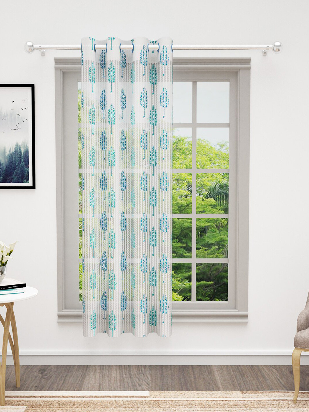 Bedspun White & Blue Floral Sheer Window Curtain