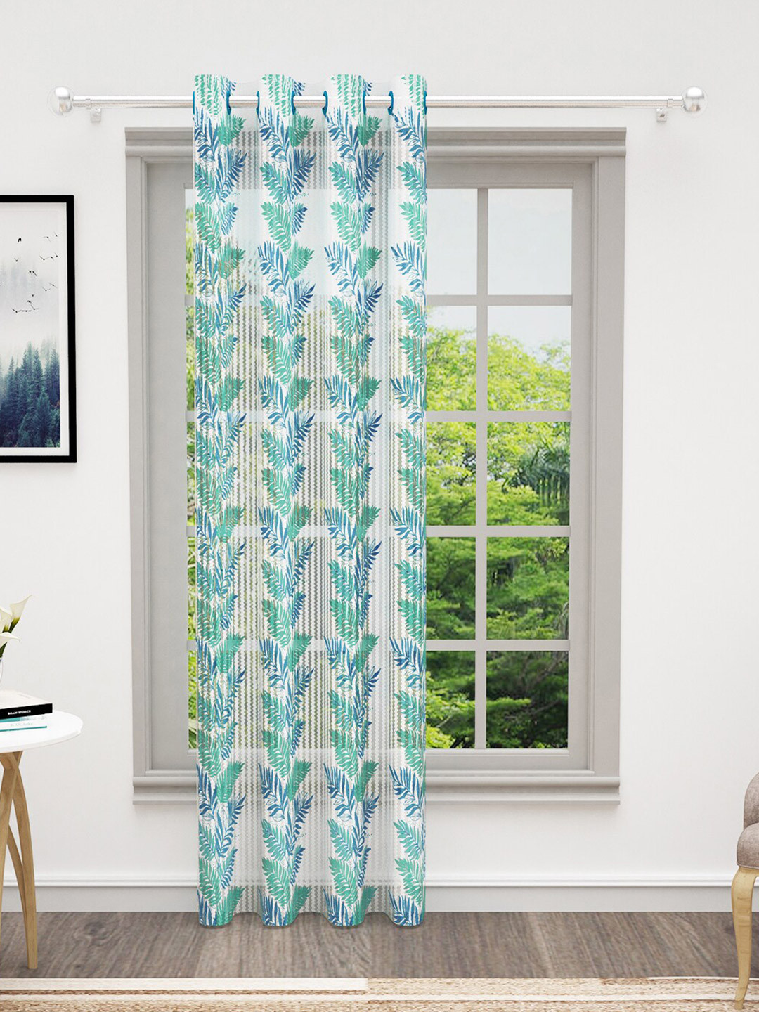 Bedspun Cosmo Teal & White Floral Sheer Door Curtain
