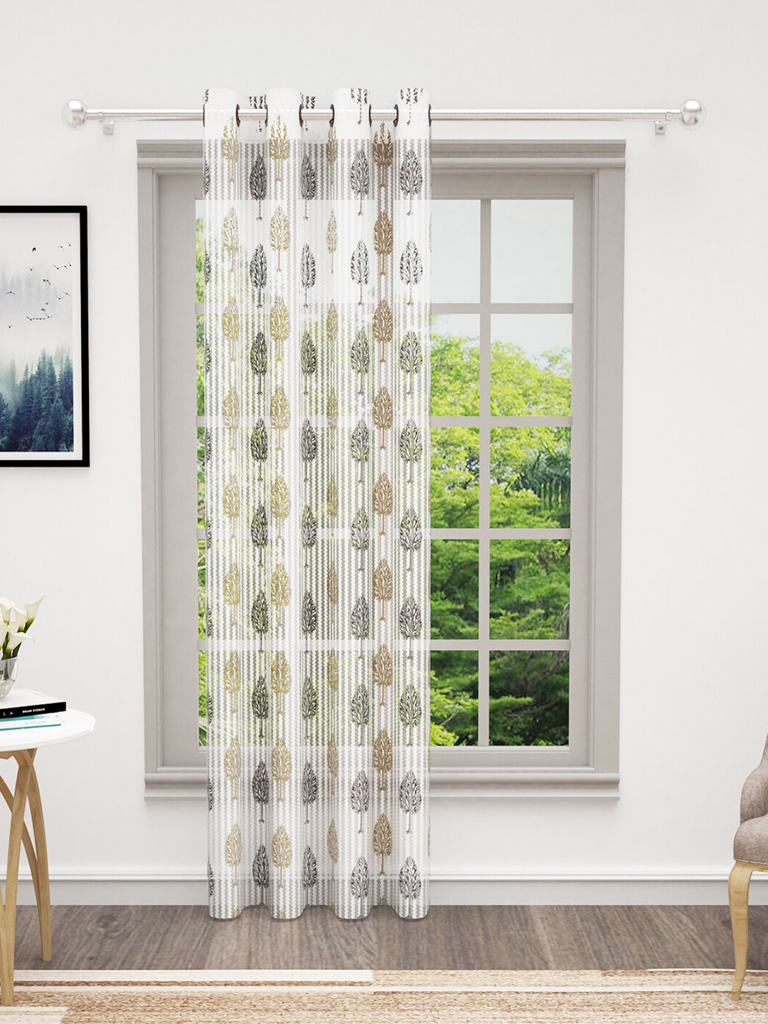 Bedspun Cosmo White & Brown Floral Sheer Door Curtain