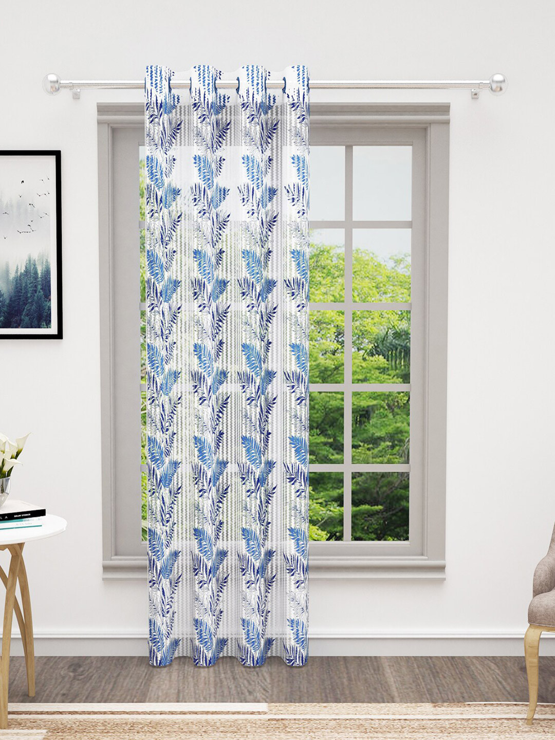 Bedspun Cosmo Blue & White Floral Sheer Door Curtain