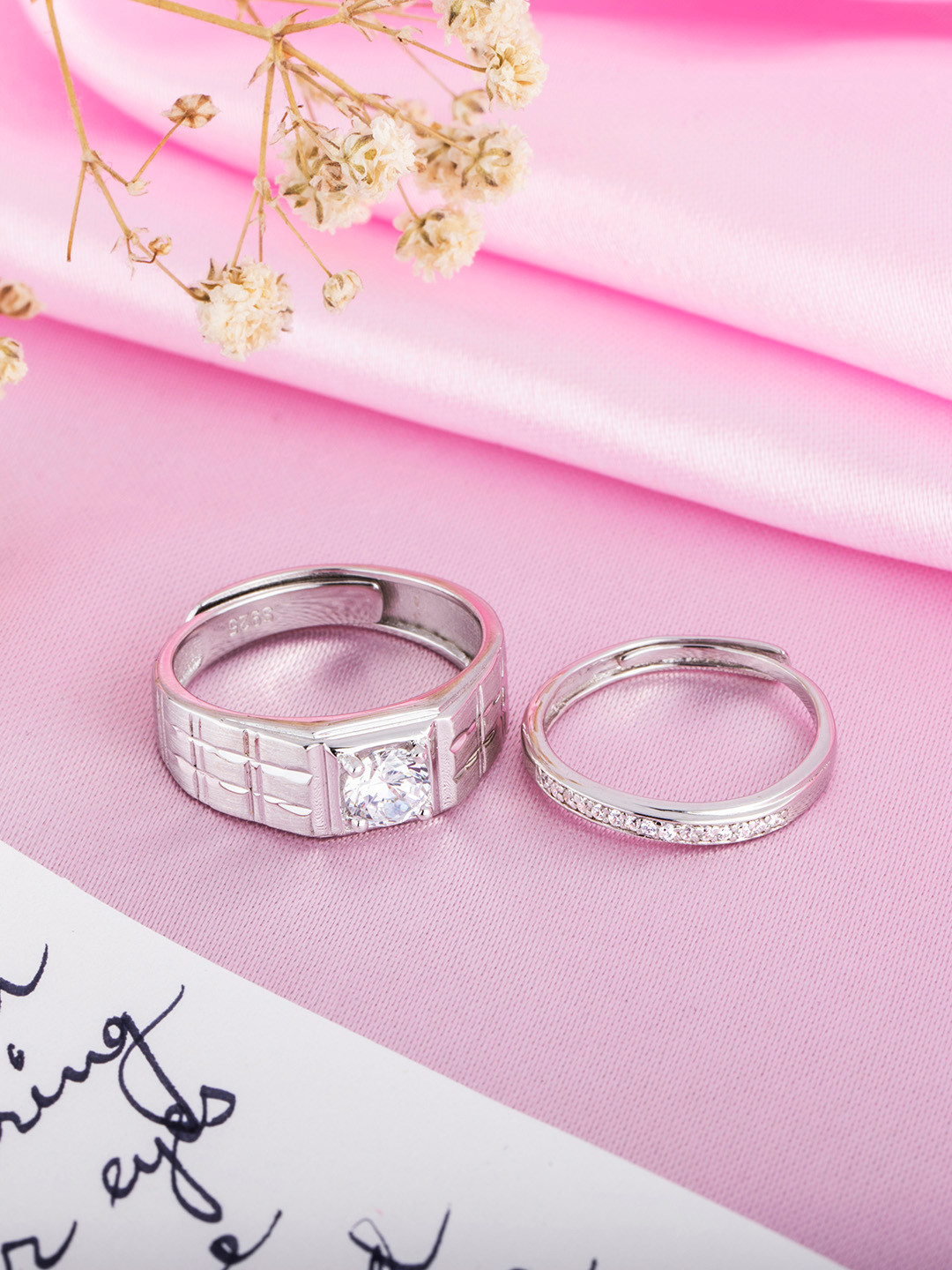 Zavya Unisex Set Of 2 925 Pure Sterling Silver Rhodium-plated CZ-studded Couple Rings