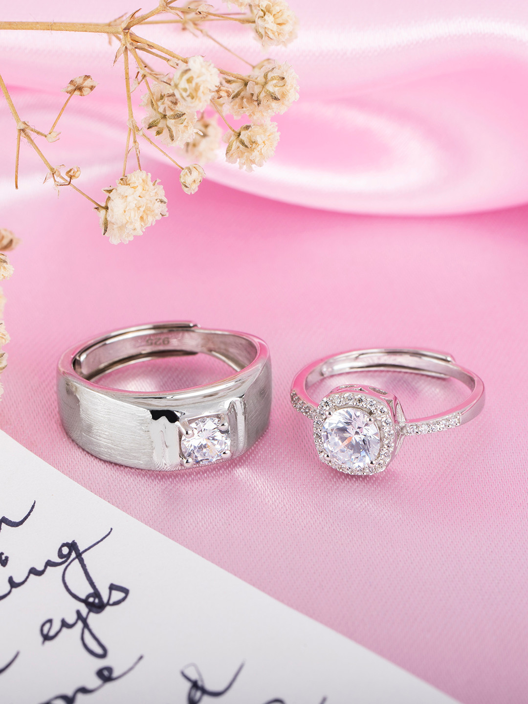 Zavya Unisex Set Of 2 925 Pure Sterling Silver Rhodium-plated CZ-studded Couple Rings