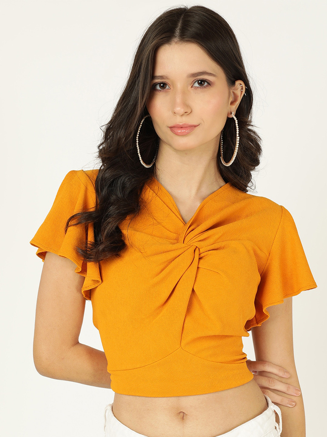 Prettify Orange Flutter Sleeve Twisted Crop Top