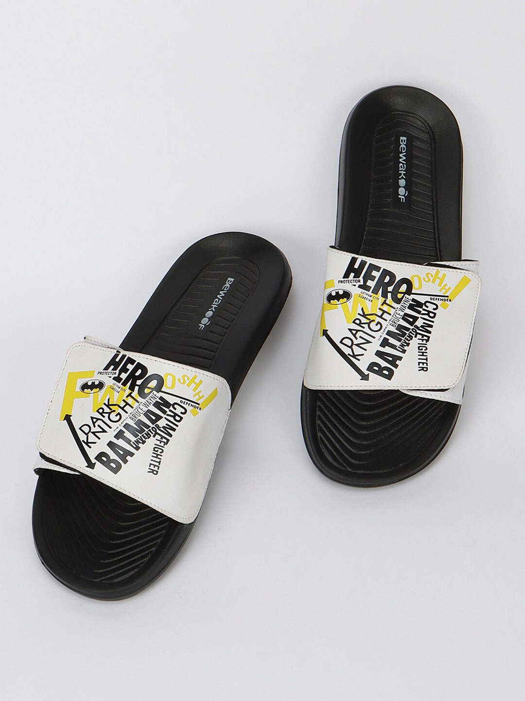 Bewakoof Men Black & White X Official Dc Comics Batman Printed Rubber Sliders