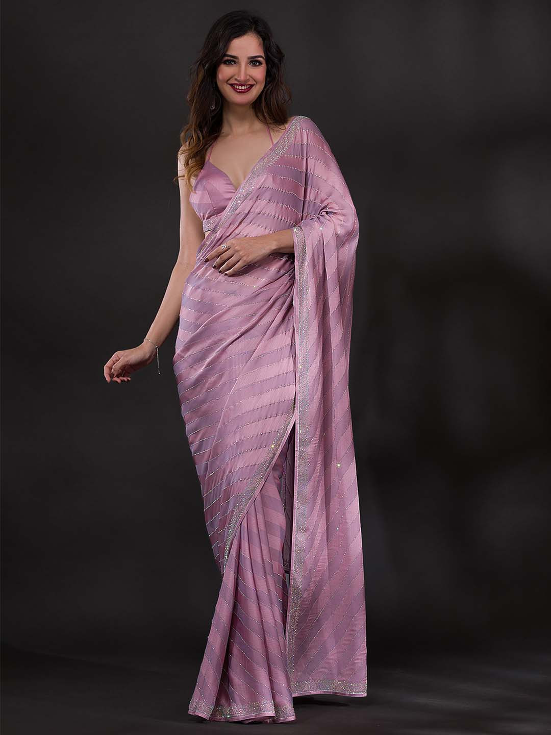Koskii Lavender Embellished Beads and Stones Poly Crepe Saree