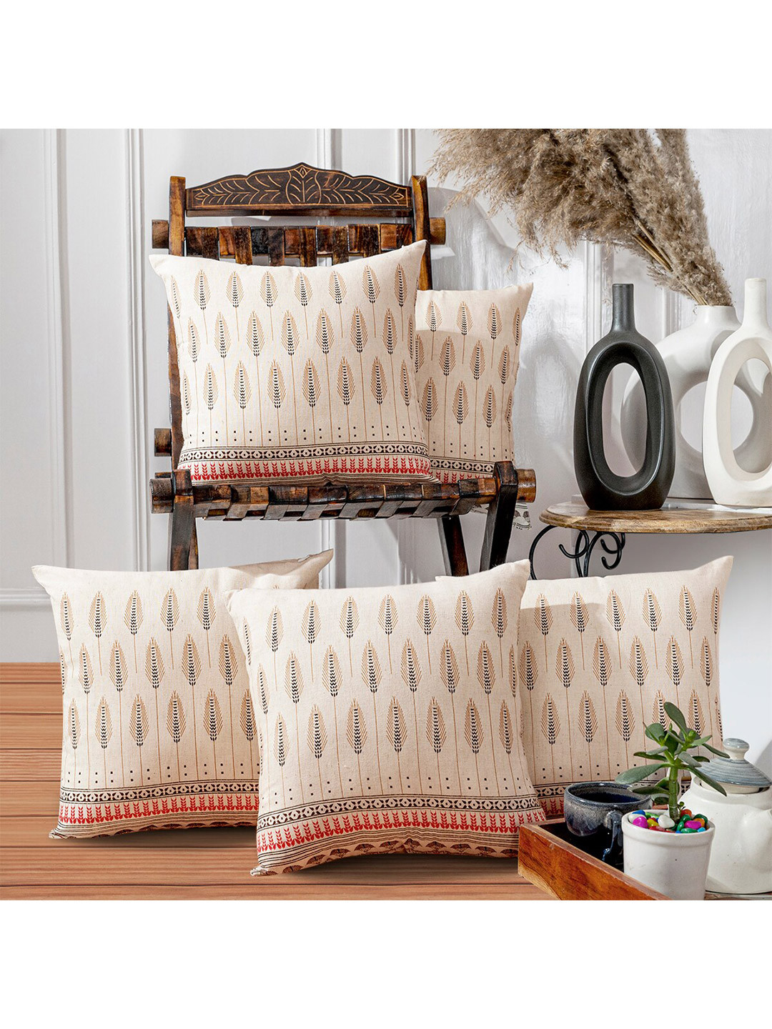 ANWYN Beige & Red 5 Pieces Ethnic Motifs Printed Pure Cotton Square Cushion Covers