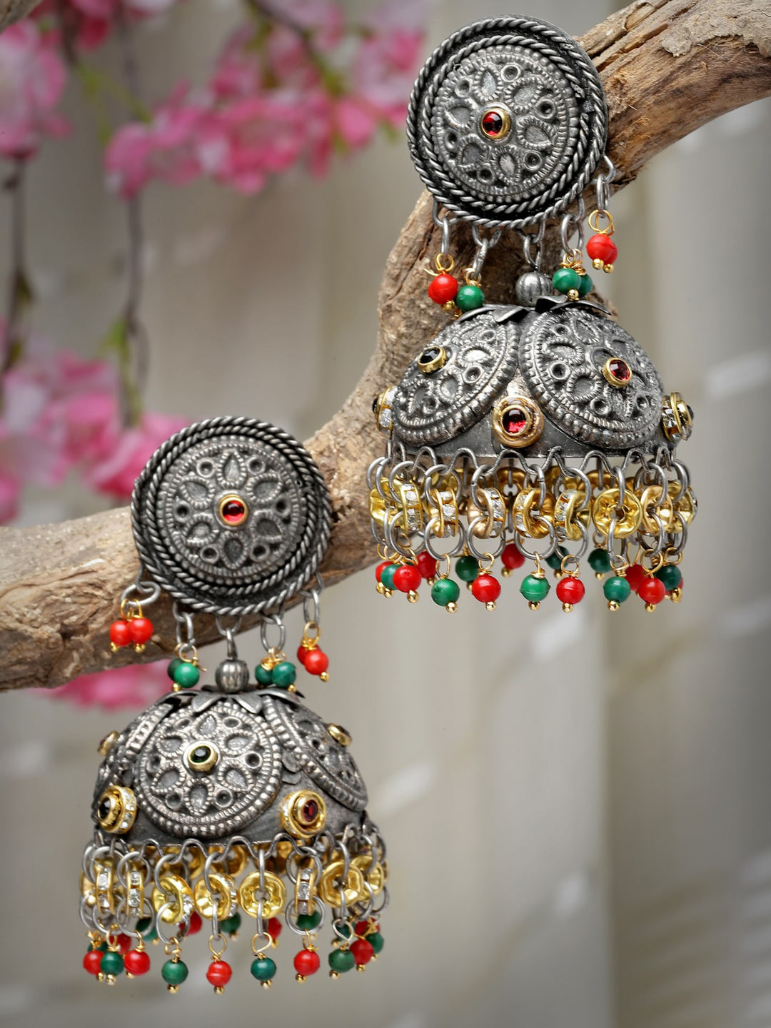 Moedbuille Silver-Plated Beaded Crystal Studded Dome Shaped Jhumkas