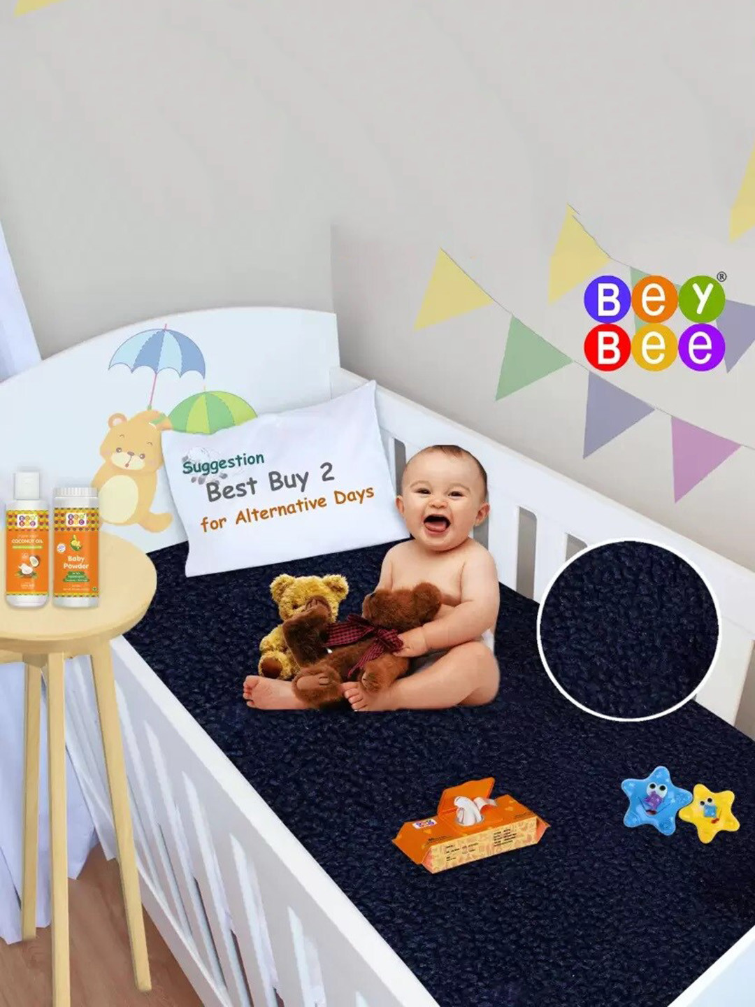 BeyBee 2-Pcs Blue & Navy Blue Breathable Cotton Mattress Protectors