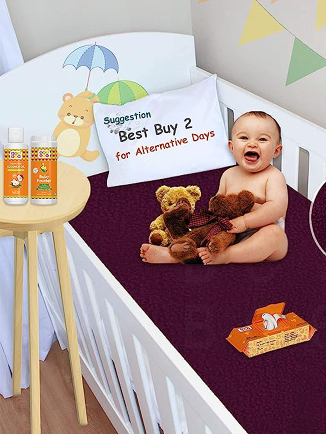 BeyBee Kids Purple Colored & Grey 2 Pieces Cotton Breathable Mattress Protector