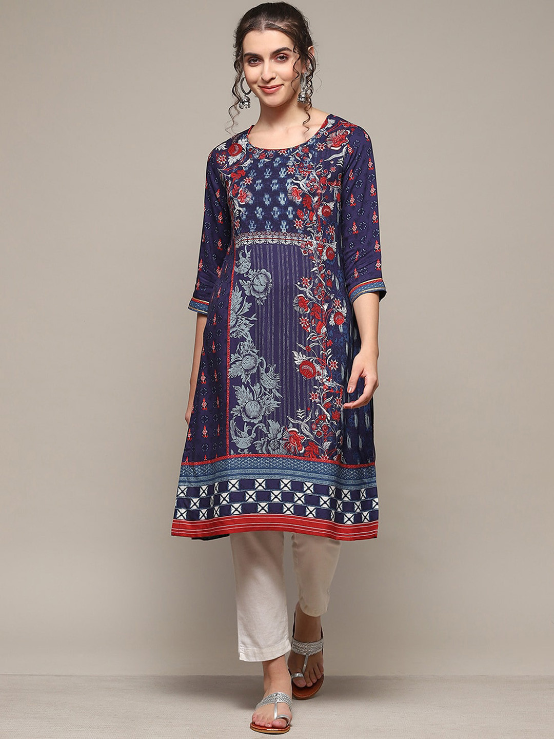 Biba Floral Printed Round Neck A-Line Kurta