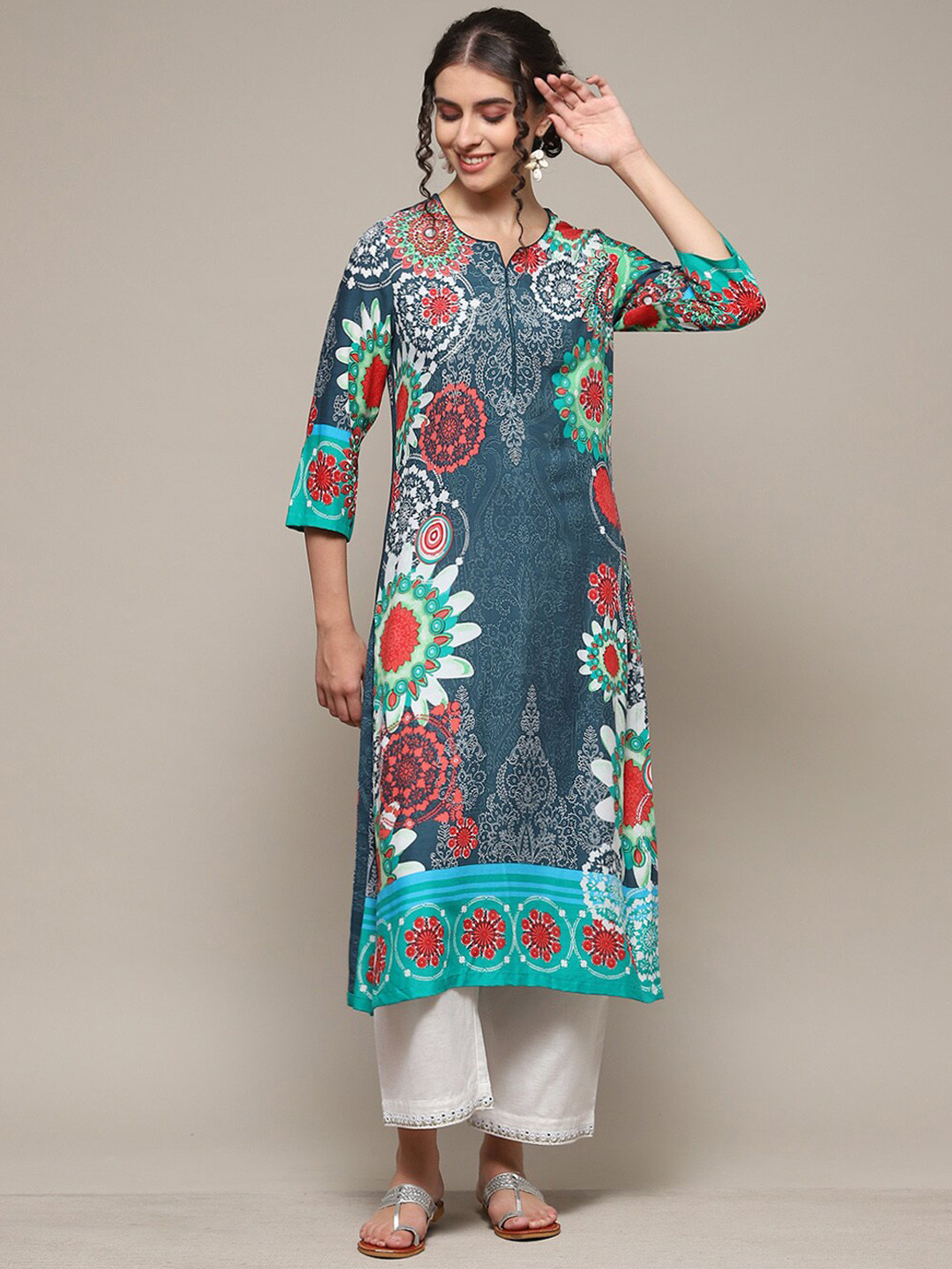 Biba Floral Printed Round Neck A-Line Kurta