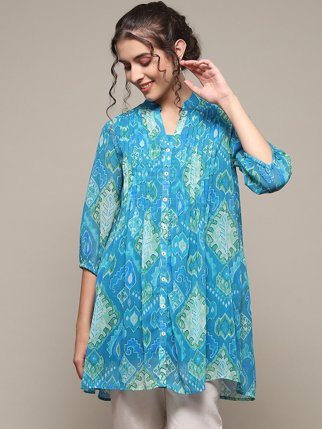 Biba Abstract Printed Mandarin Collar Pleated Kurtis