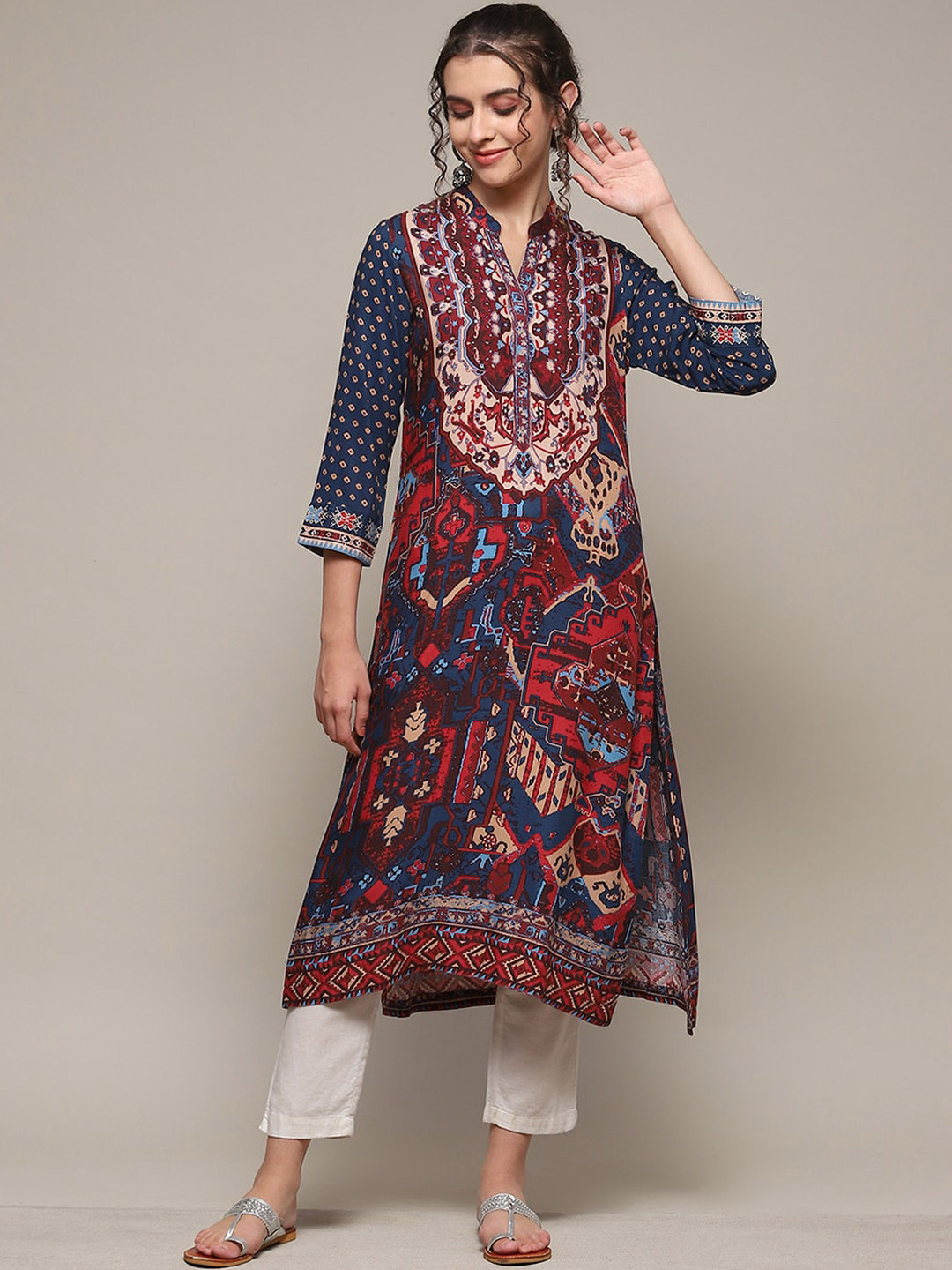Biba Mandarin Collar Abstract Sequinned A-Line Kurta