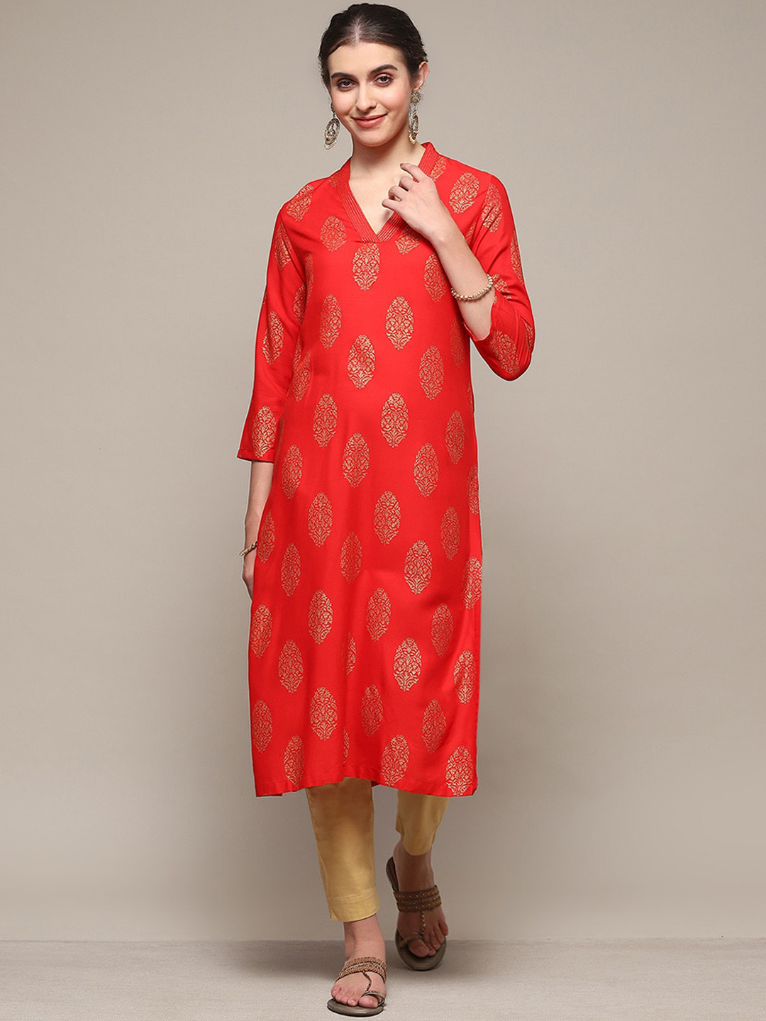 Biba Ethnic Motifs Printed V-Neck Zari Detail Straight Kurta
