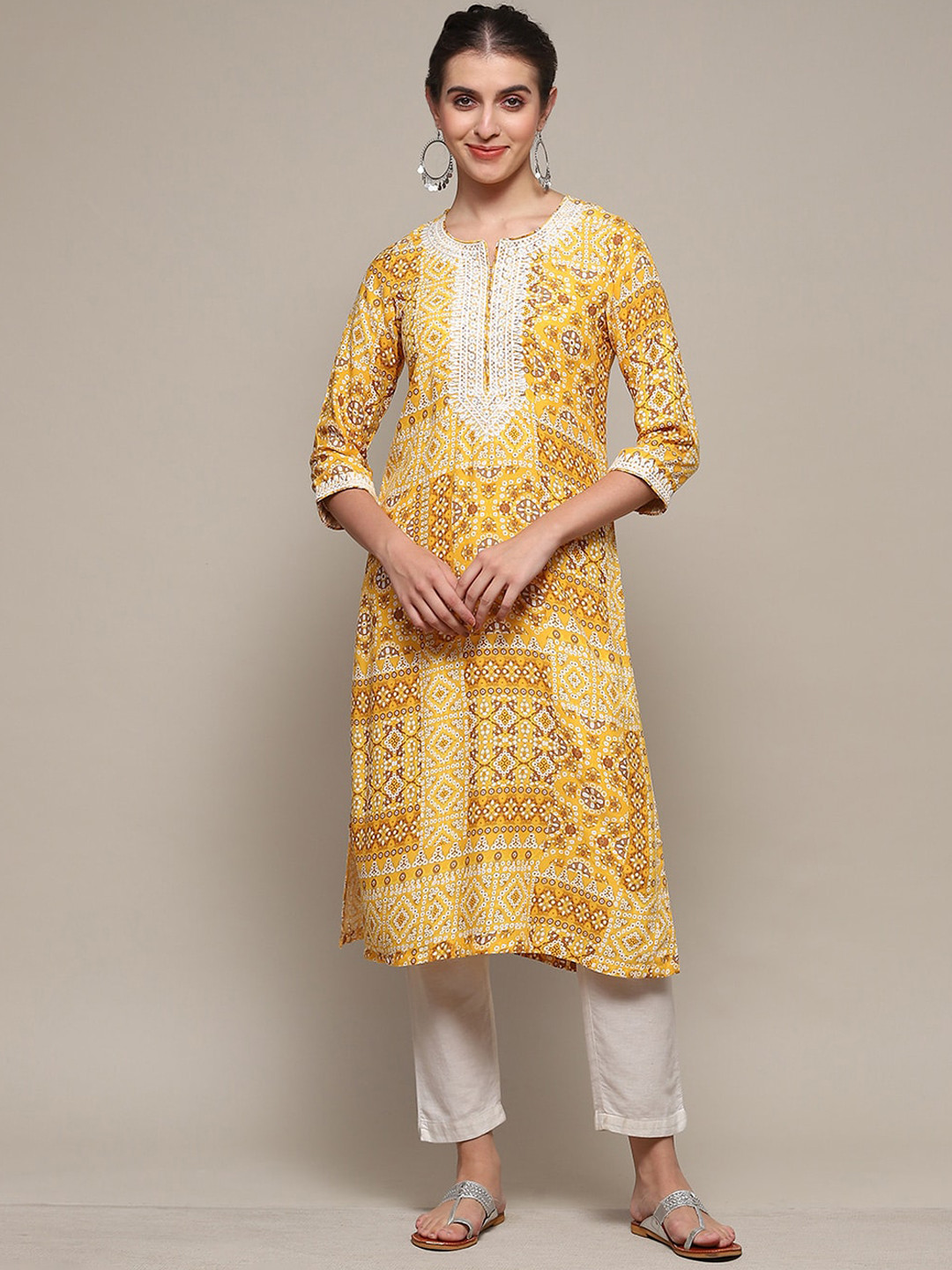 Biba Bandhani Printed Thread Work Notched Neck straight Kurta
