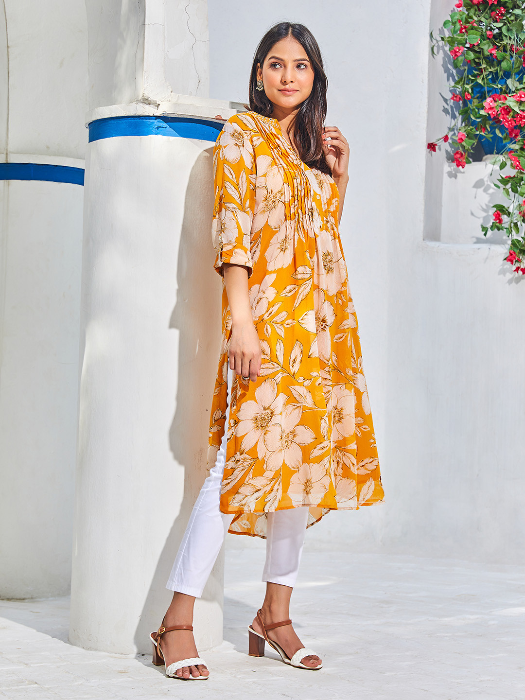 Biba Floral Printed Mirror Worked Mandarin Collar Flared A-Line Kurta