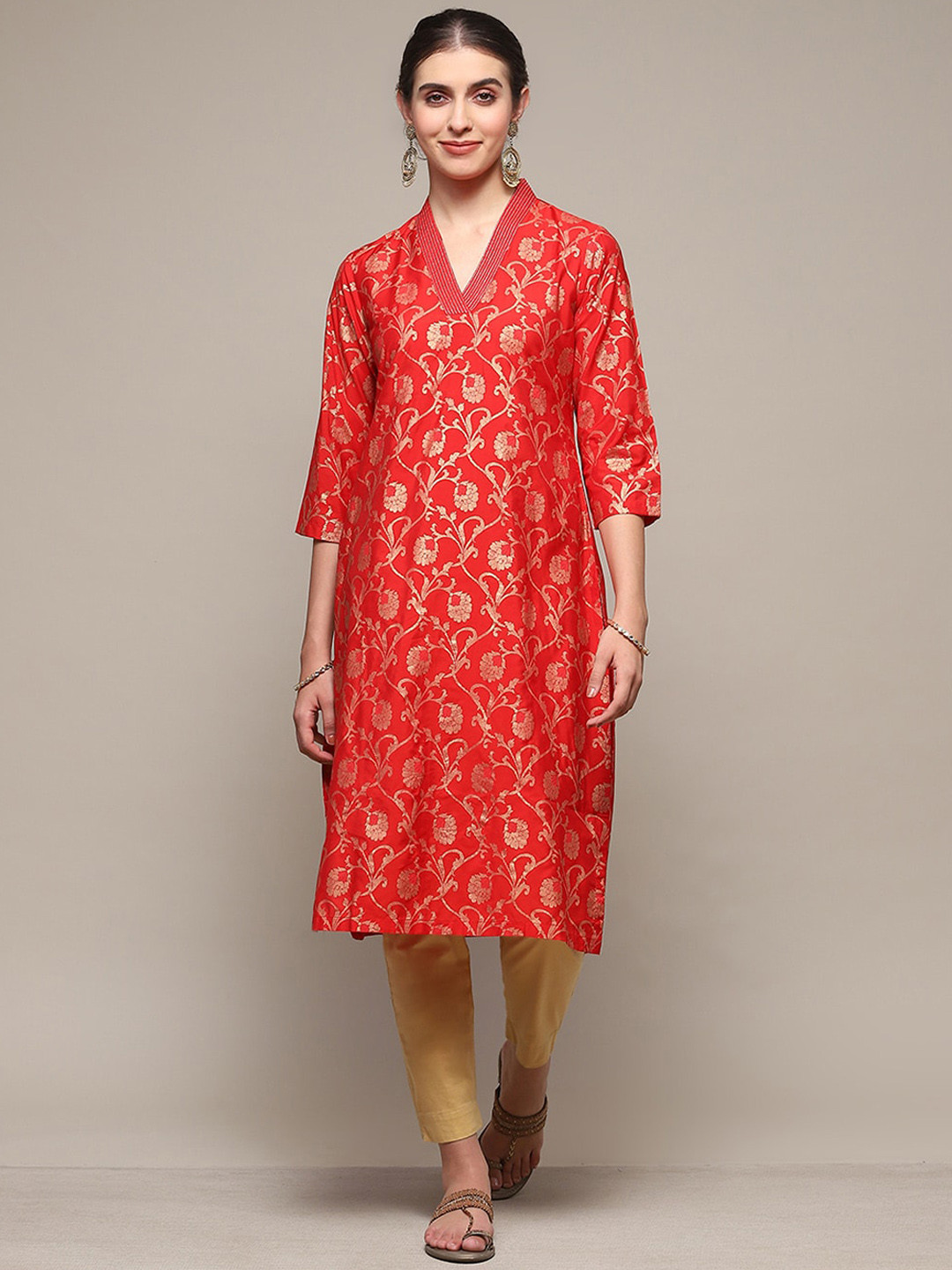 Biba Floral Woven Design Thread Work Detail V-Neck Kurta
