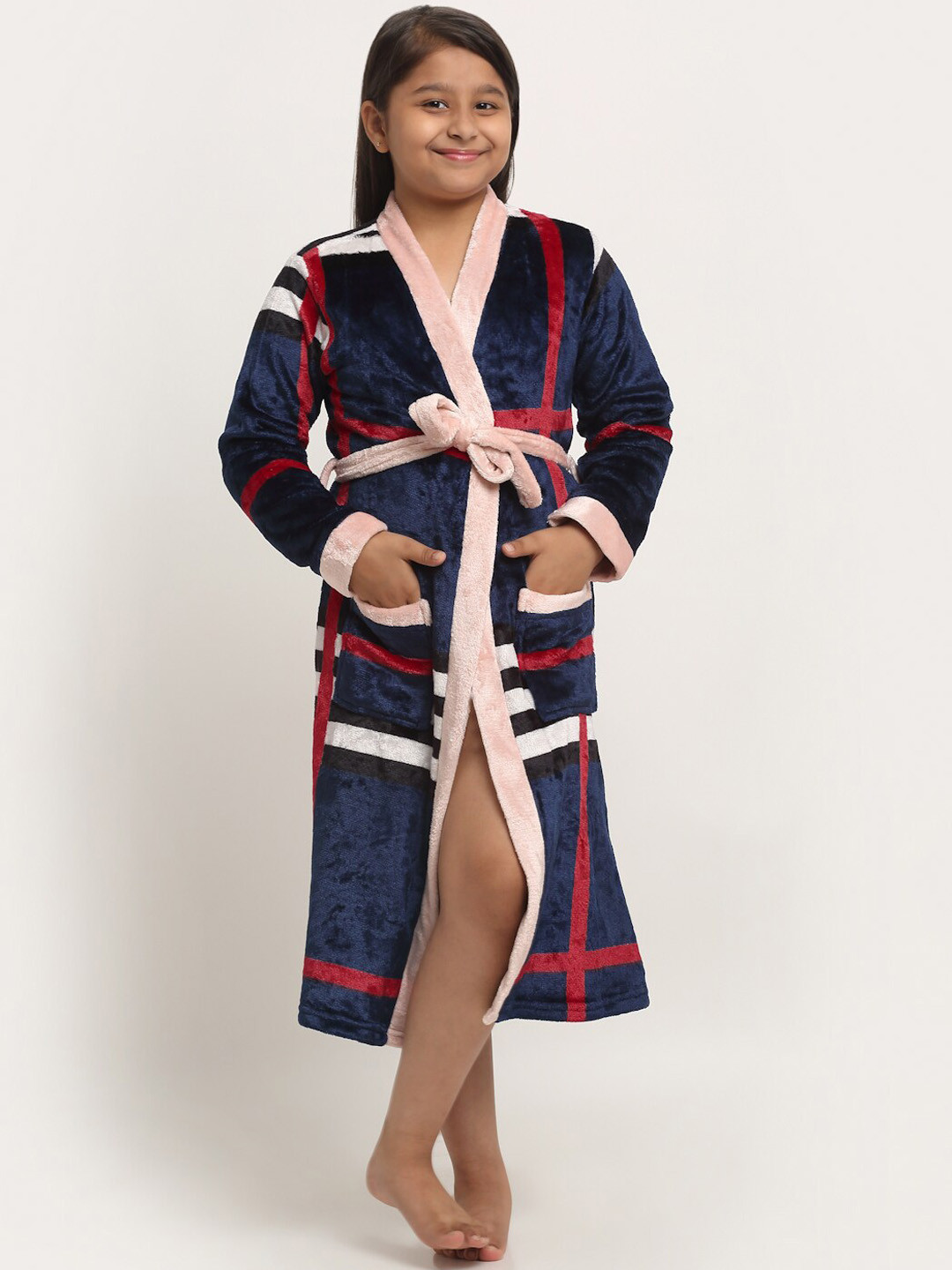 KLOTTHE Navy Blue Geometric Wool Drawstring Midi Bath Robe-9-11Y