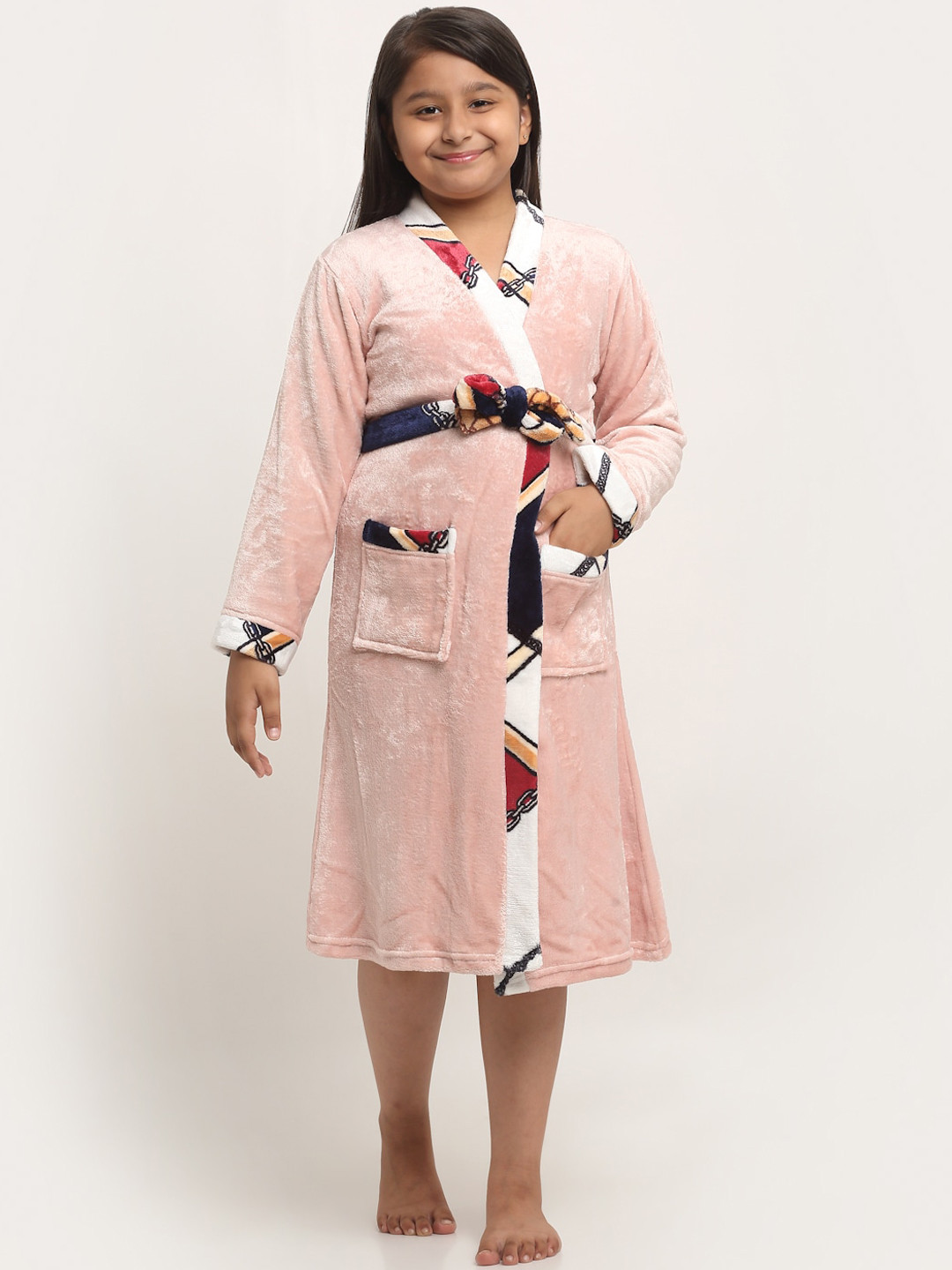 KLOTTHE Pink Solid Wool Drawstring Midi Bath Robe