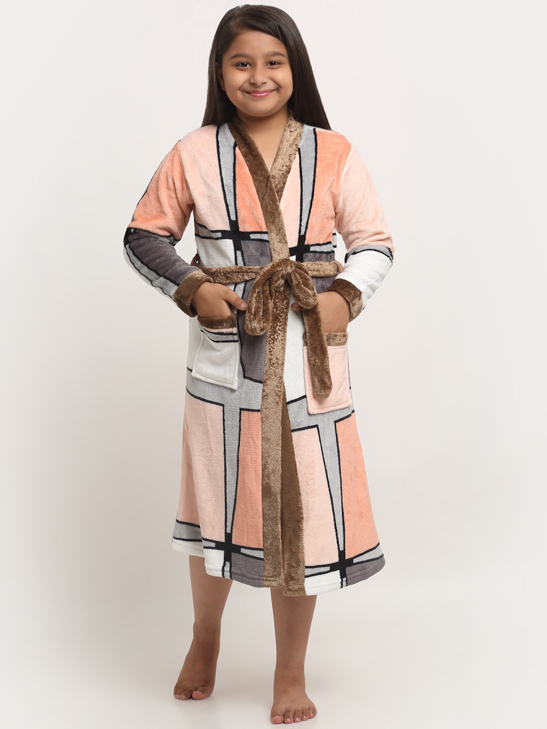 KLOTTHE Pink Colorblock Wool Drawstring Midi Bath Robe