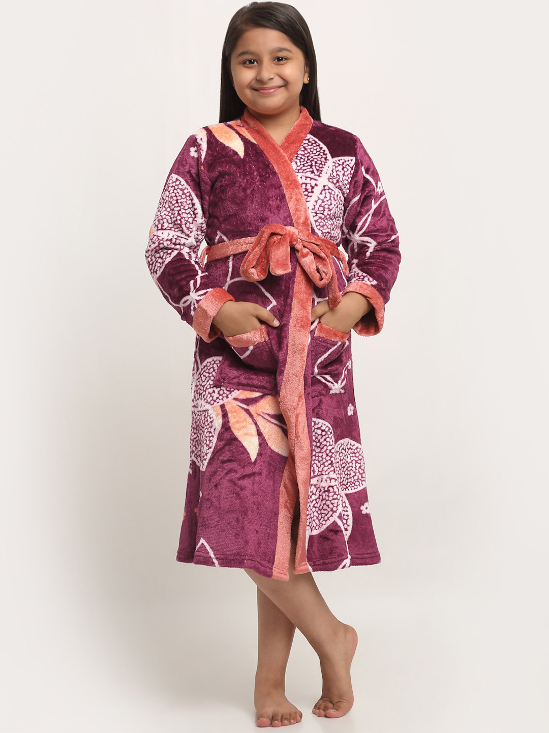 KLOTTHE Purple Floral Wool Drawstring Midi Bath Robe