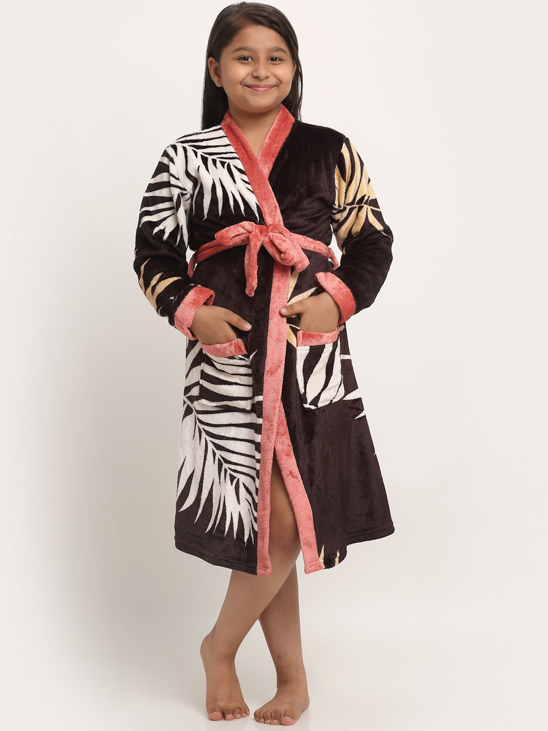 KLOTTHE Brown Leaf Wool Drawstring Midi Bath Robe