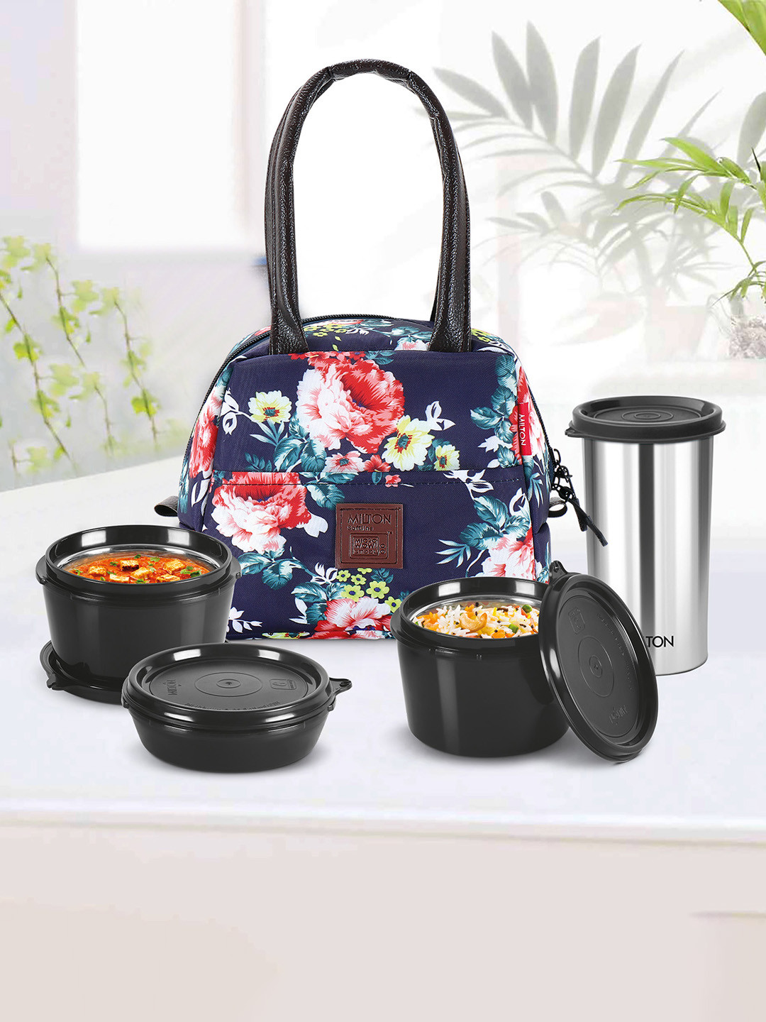 Milton Navy Blue Floret Tiffin 3 Inner Steel Containers With Tumbler & Insulated Jacket