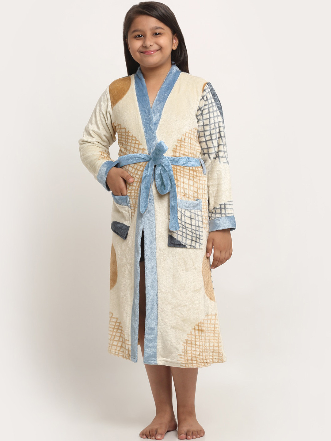 KLOTTHE Beige Checkered Wool Drawstring Midi Bath Robe