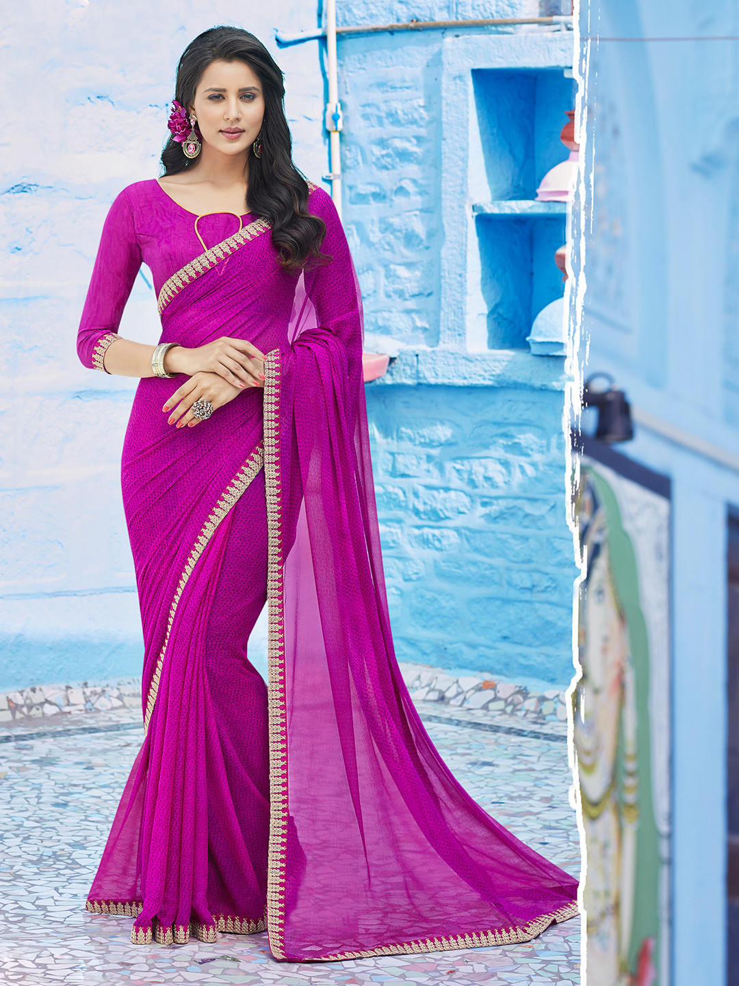 Shaily Purple & Gold-Toned Floral Printed Embroidered Pure Georgette Saree