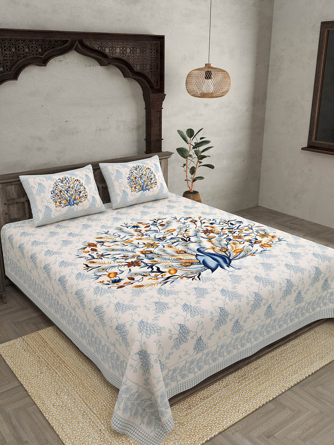 JAIPUR FABRIC Dancing Peacock Blue Floral Cotton 250 TC Queen Fine Bedsheet with 2 Pillow Covers-90 x 100 inches