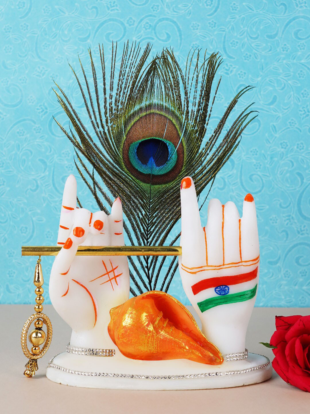 FASHIYANOO Ladoo Gopal with Morepankh and Shankh White Polyresin Natural Living Room Small Showpiece - 5.5 Inches