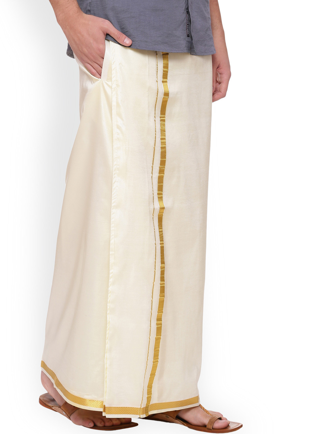 Sethukrishna Men Cream-Coloured Solid Double Layer Readymade Dhoti With Pocket
