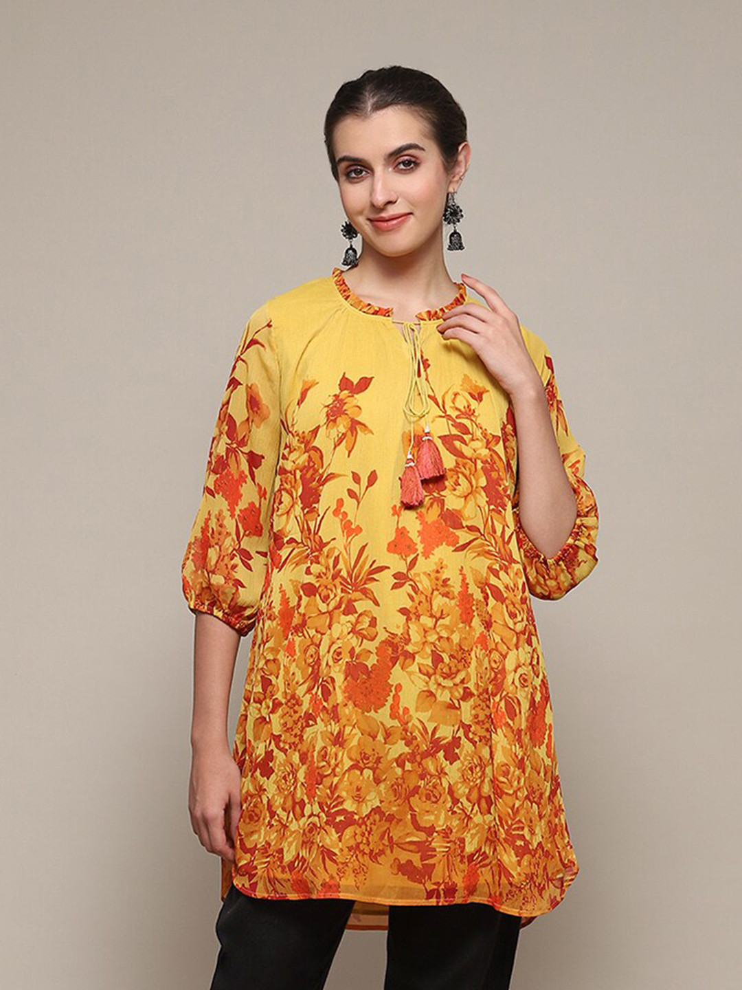 Biba Yellow Floral Printed Tie-Up Neck Puff Sleeves Top