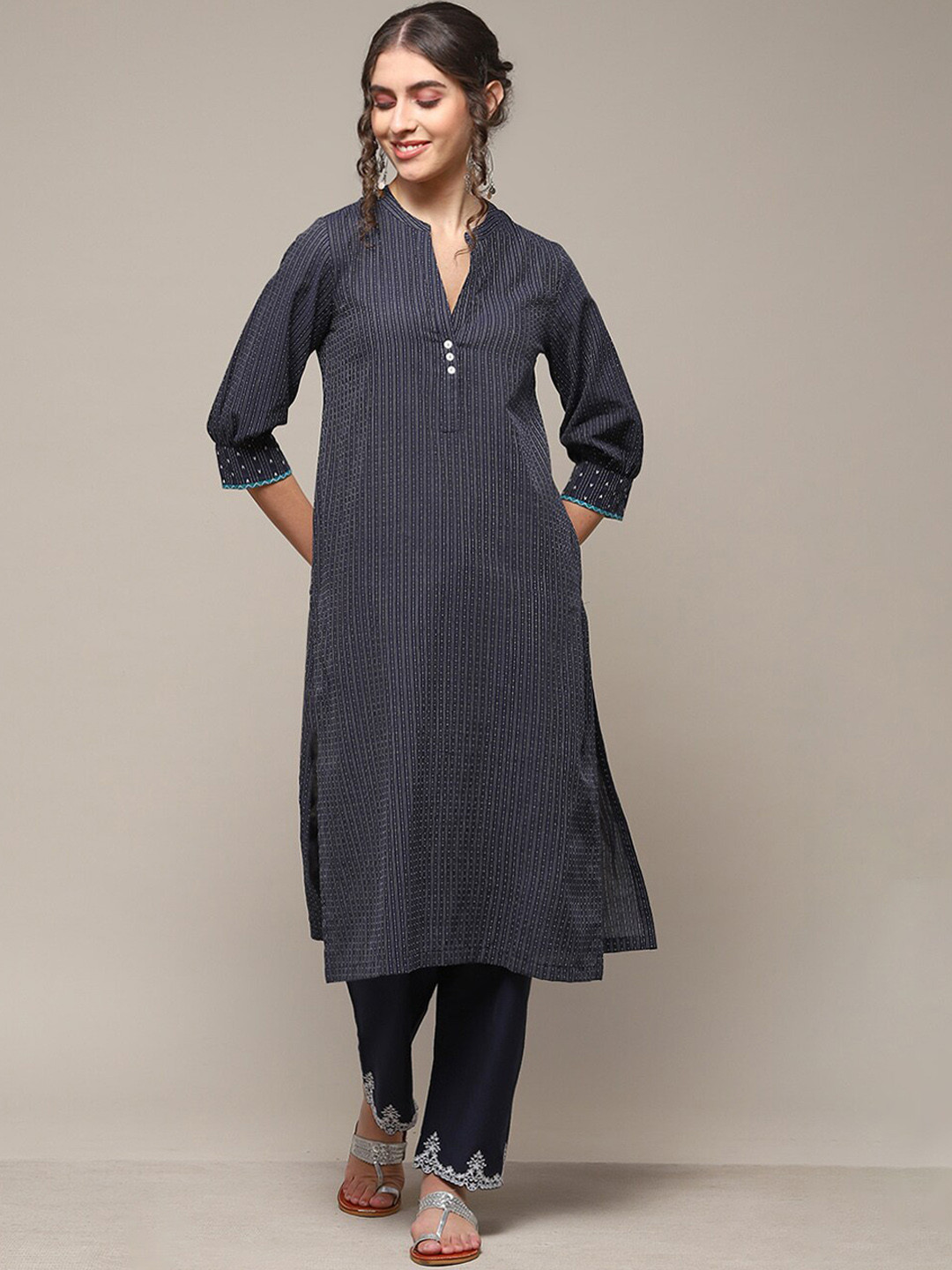 Biba Striped Regular Pure Cotton Thread Work Kurta with Trousers