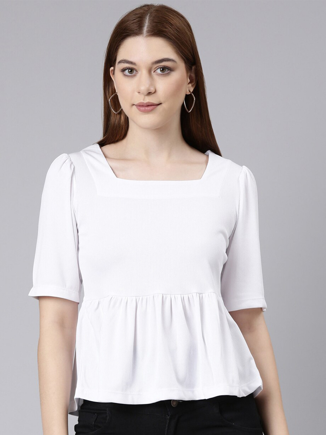 TWIN BIRDS Square Neck Puff Sleeves Gathered Peplum Top