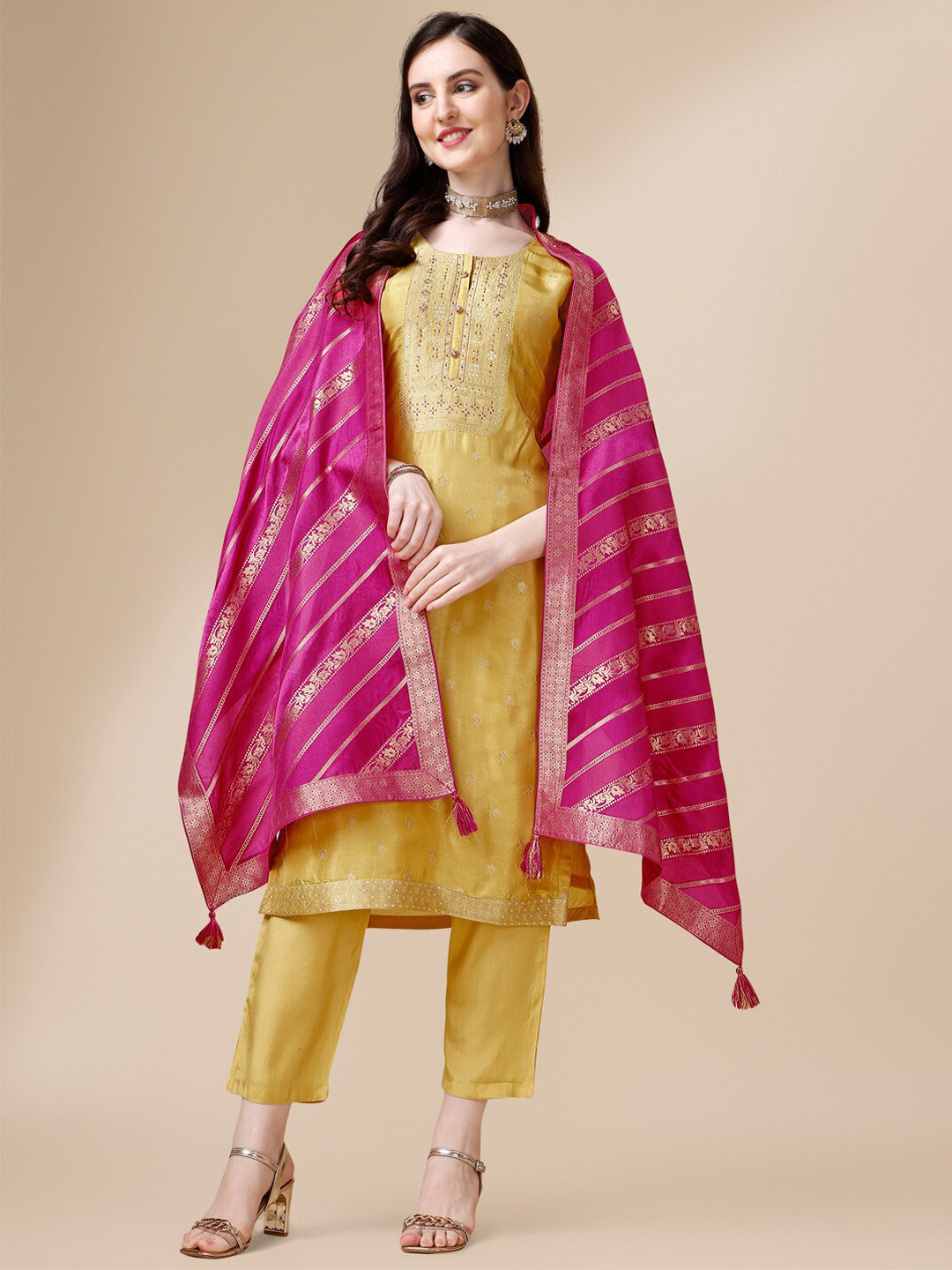 Seerat Jacquard Silk Straight Kurta With Trousers & Rangkat Dupatta