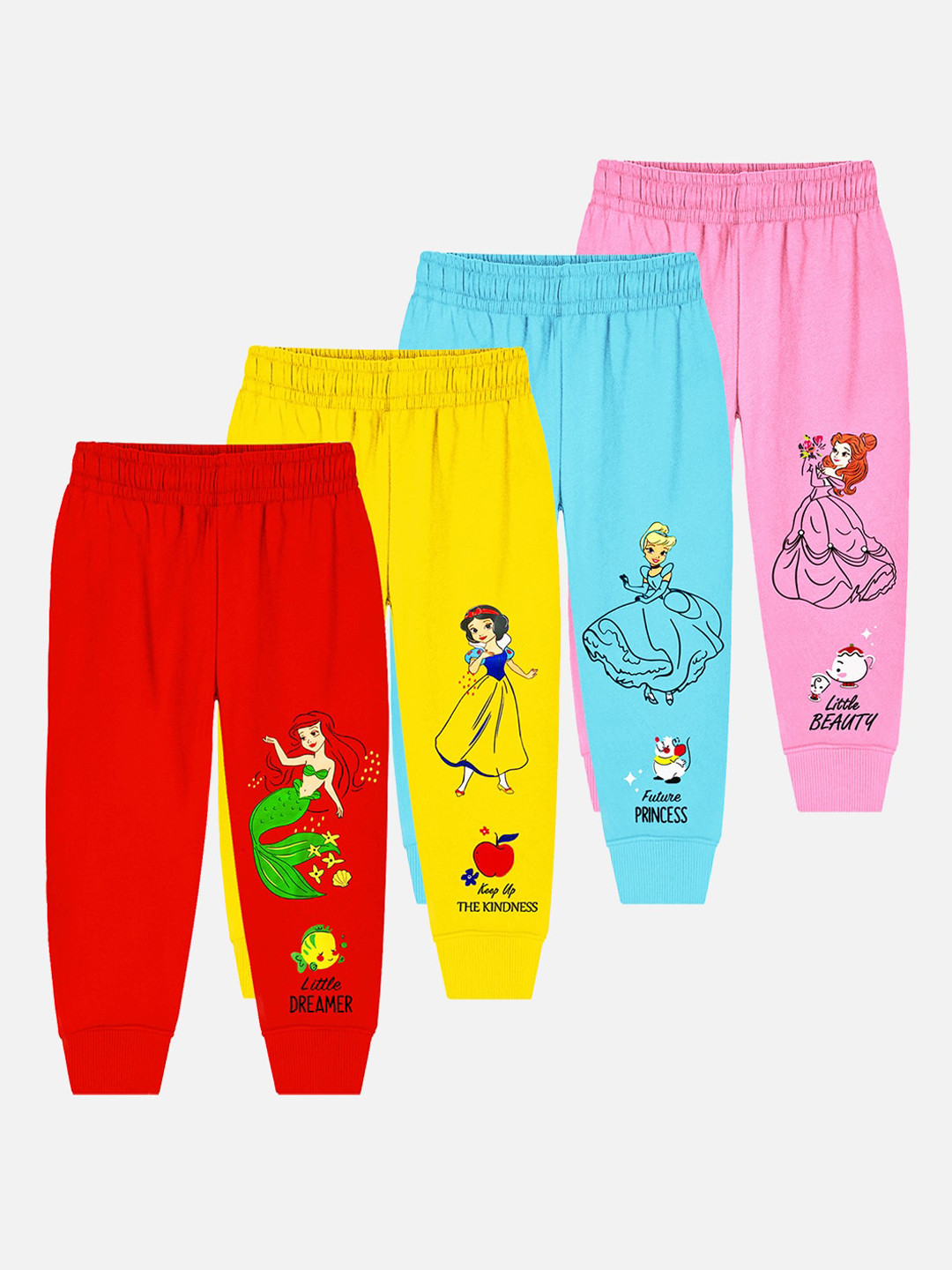 YK Disney Infants Girls Pack of 4 Disney Princess Printed Detail Cotton Joggers