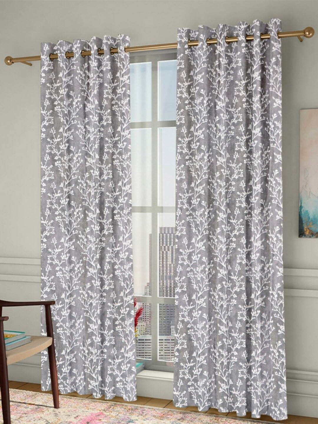 Homefab India Grommet Grey & White 2 Pieces Printed Long Door Curtains