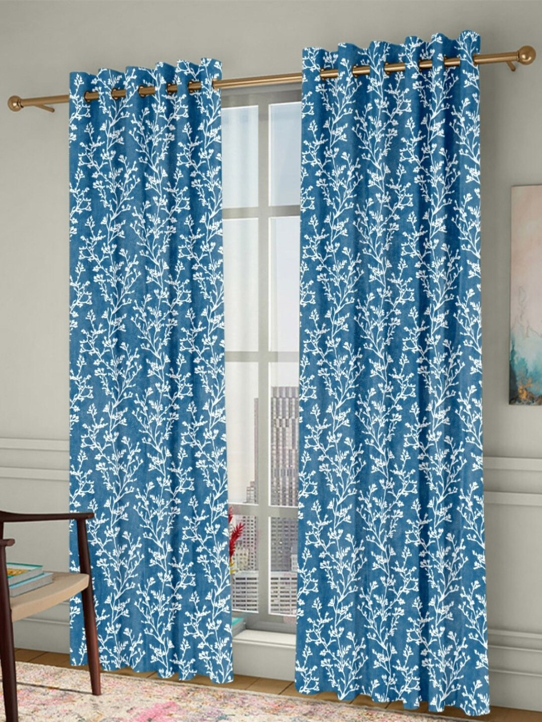 Homefab India Chinar Blue & White 2 Pieces Floral Door Curtains
