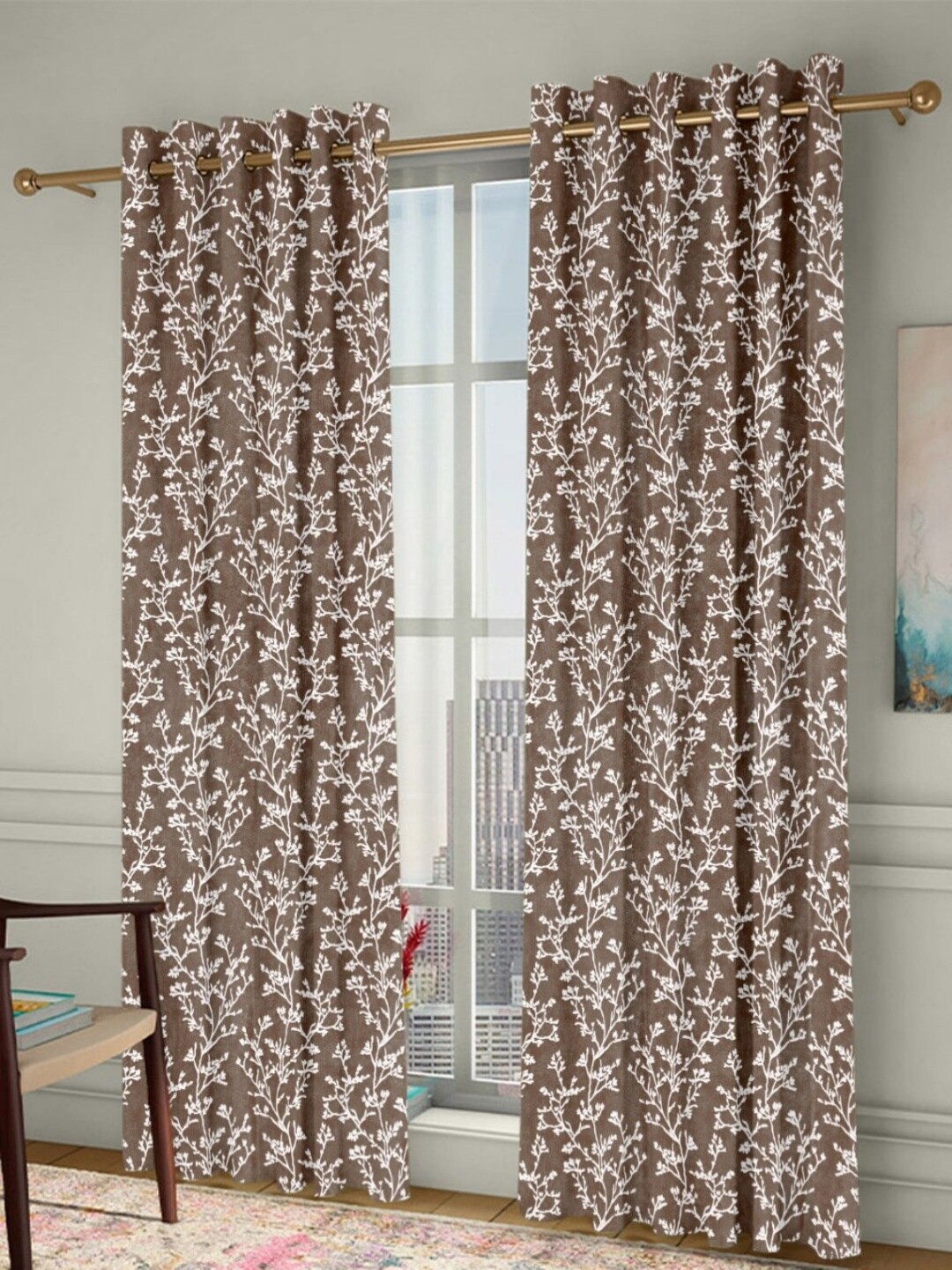 Homefab India Grommet Brown & White 2 Pieces Floral Door Curtains
