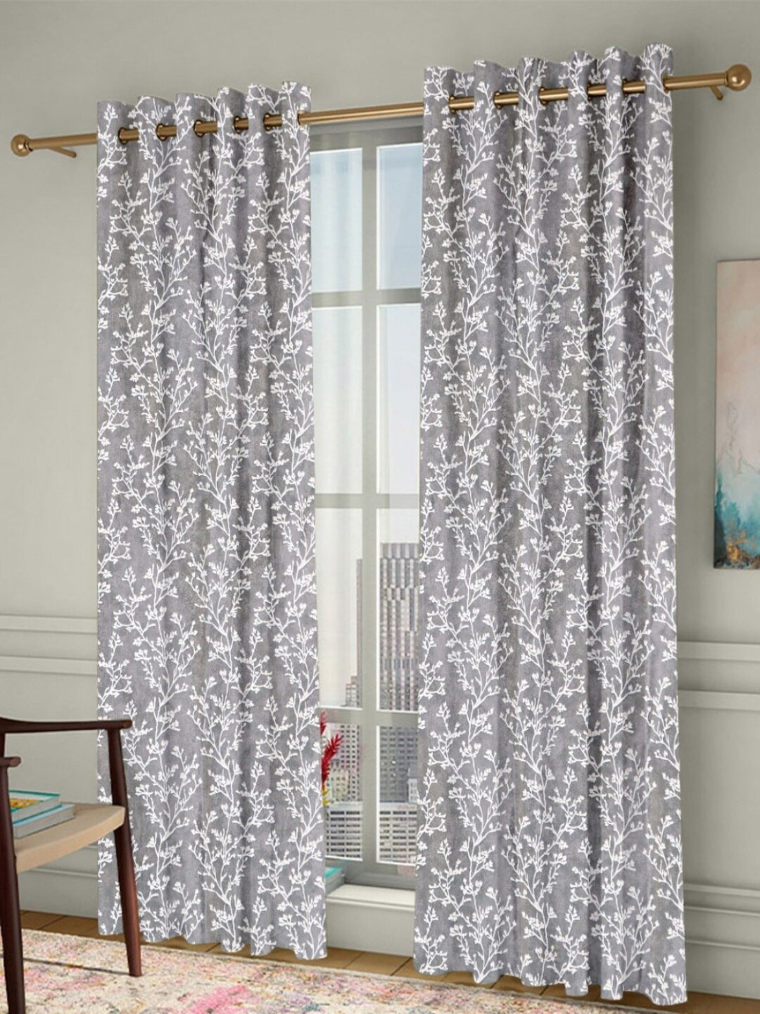 Homefab India Grommet Grey & White 2 Pieces Floral Door Curtains