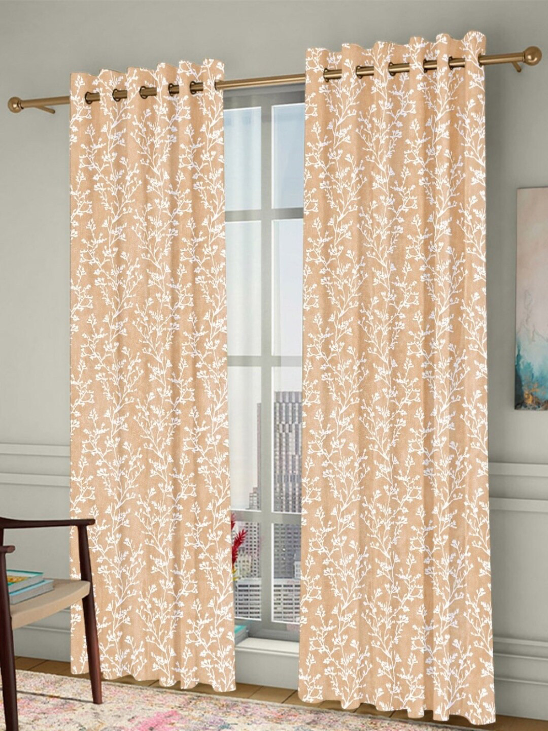 Homefab India Grommet Beige & White 2 Pieces Floral Window Curtains