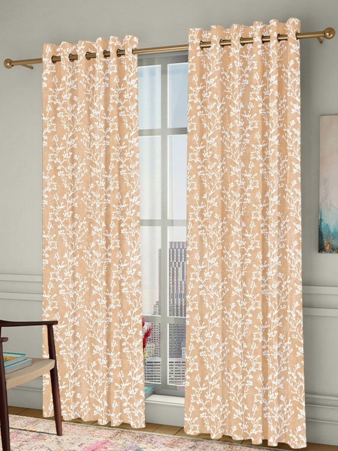 Homefab India Grommet Beige & White 2 Pieces Printed Door Curtains
