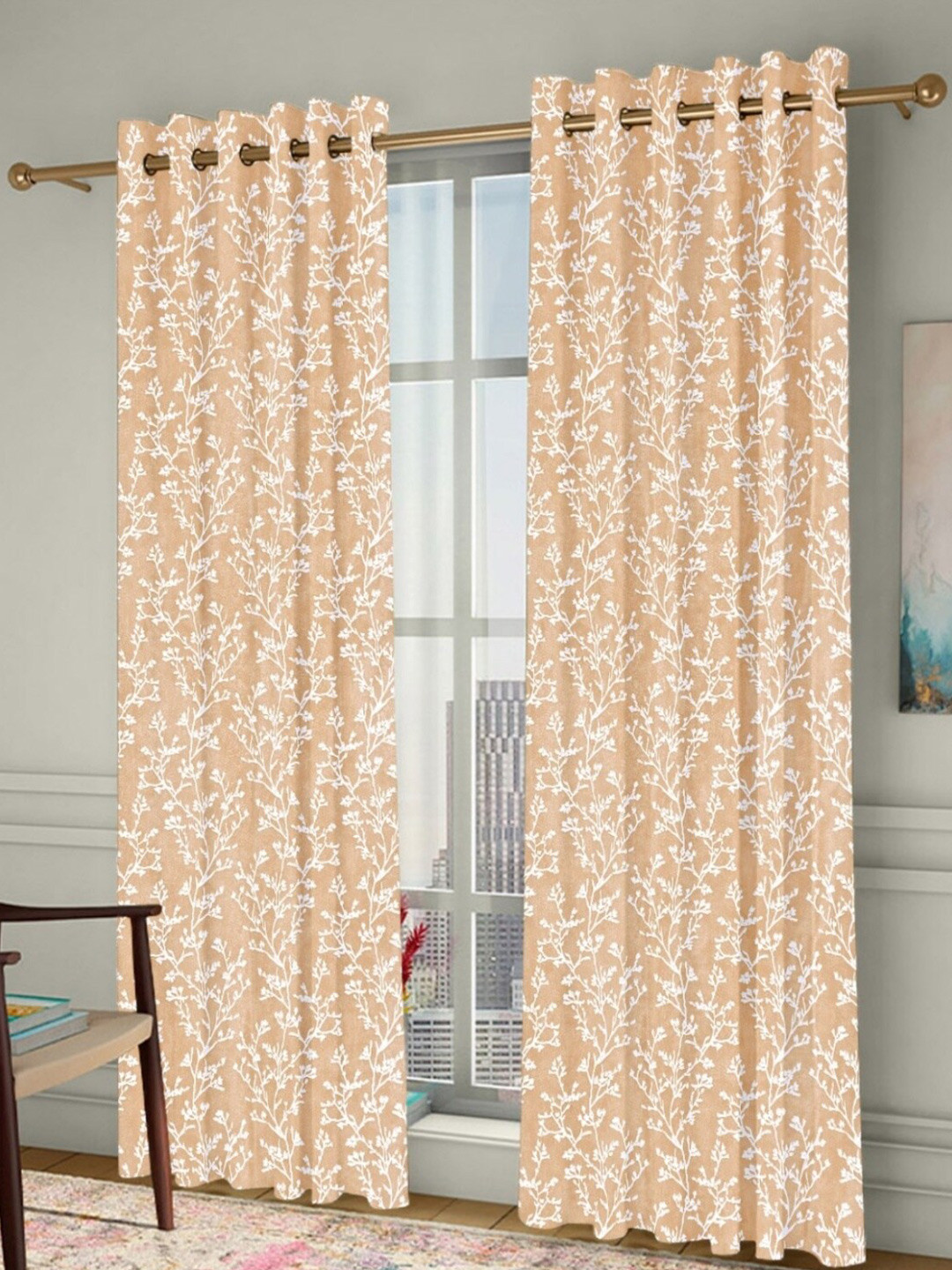 Homefab India Grommet Beige & White 2 Pieces Floral Long Door Curtains
